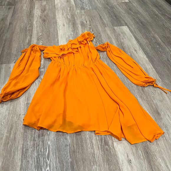 Michael Costello x REVOLVE Everett Orange Ruffle Asymmetric Mini Dress XS - Picture 4 of 8